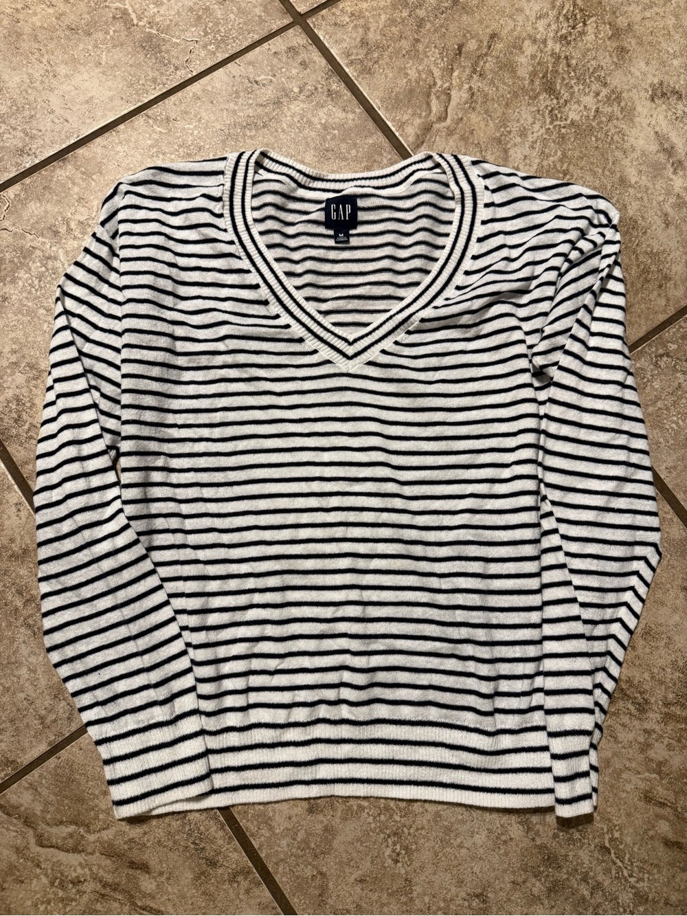GAP Women's Navy & White Striped V-Neck Sweater
